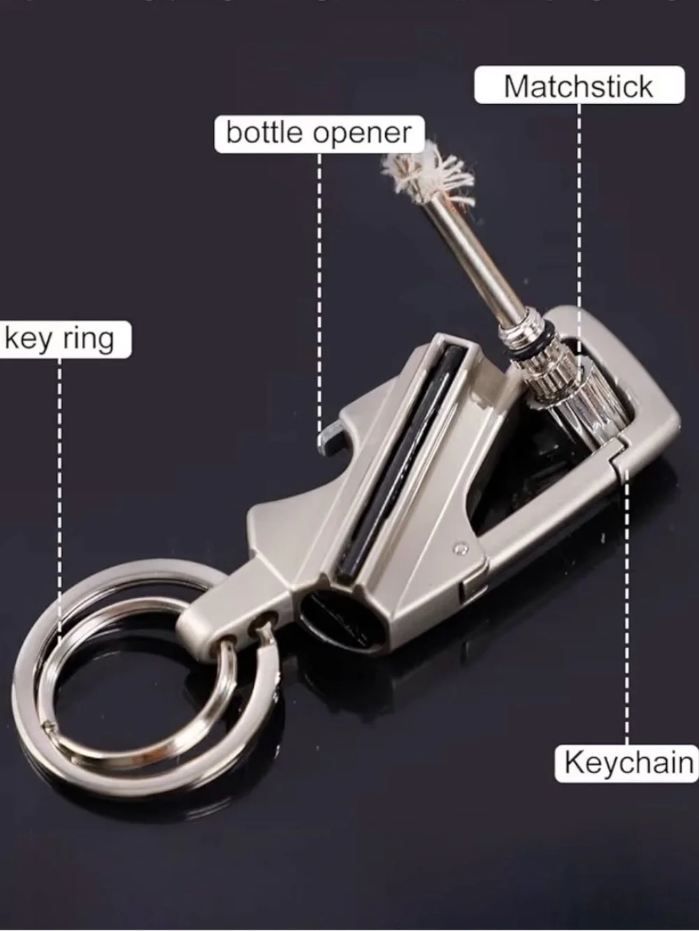 Silver Keychain with Bottle Opener and Matchstick